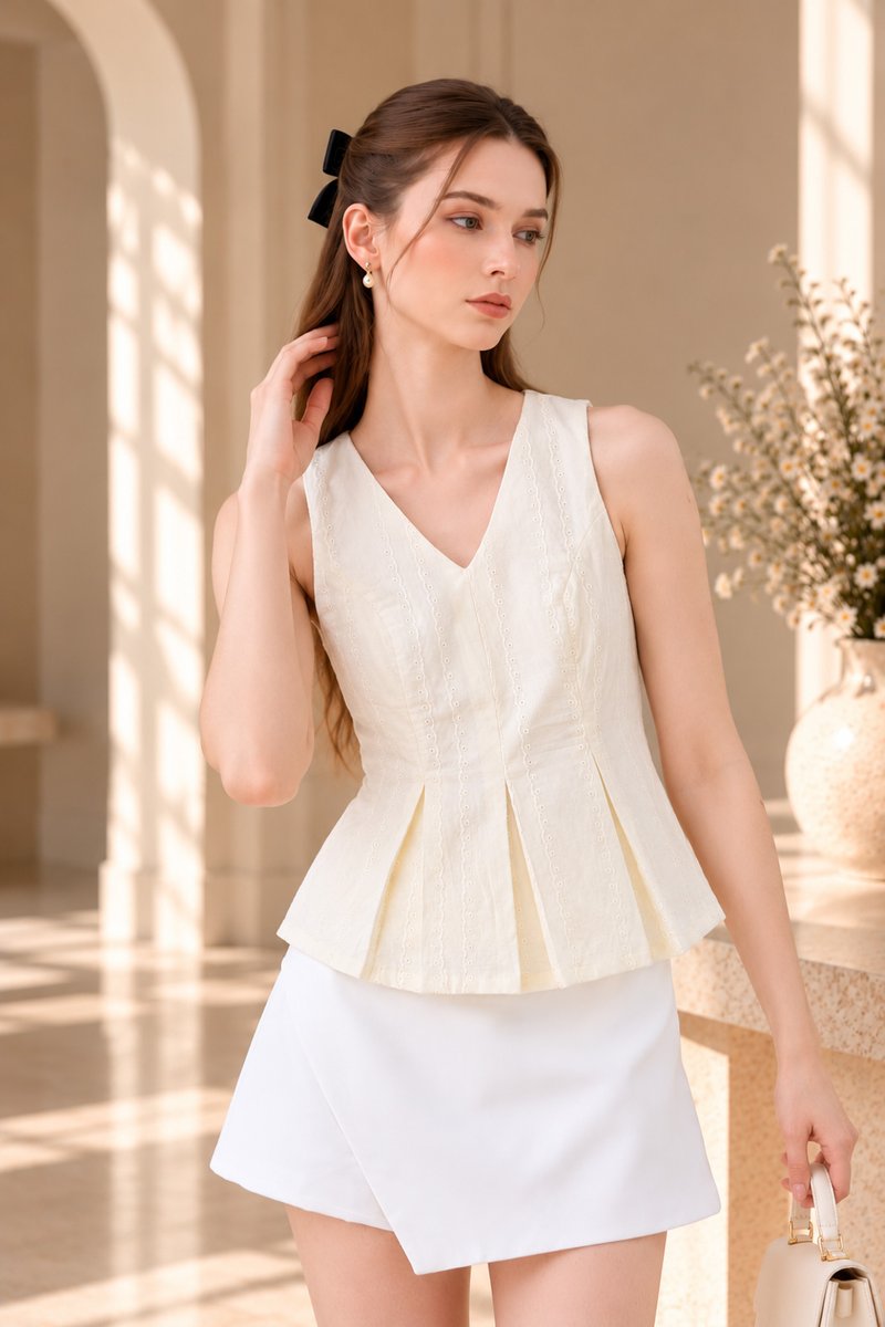Leonette Eyelet Pleated Top In Cream