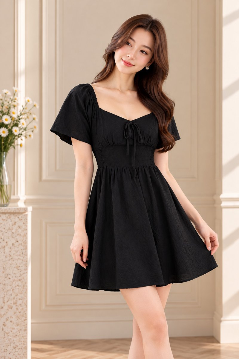 Quinn Empire Waist Smocked Dress In Black