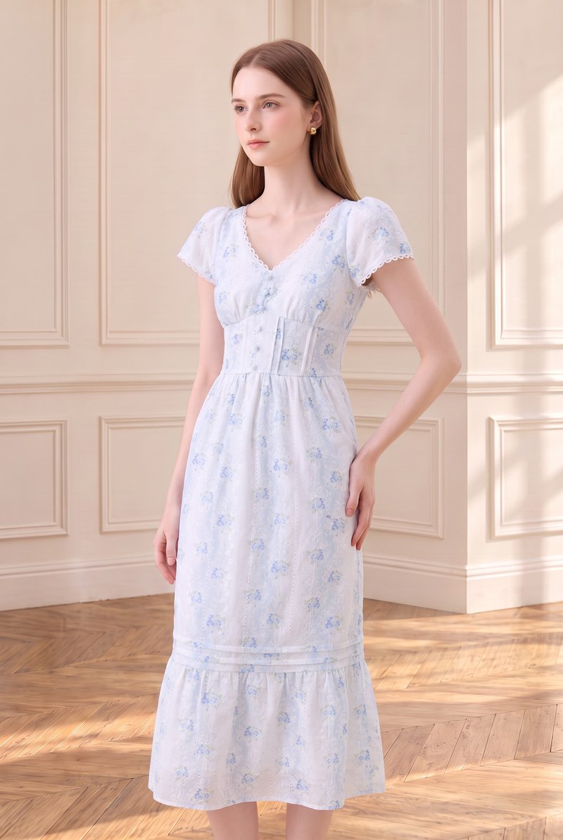Florentine Floral Empire Waist Pintuck Midi Dress