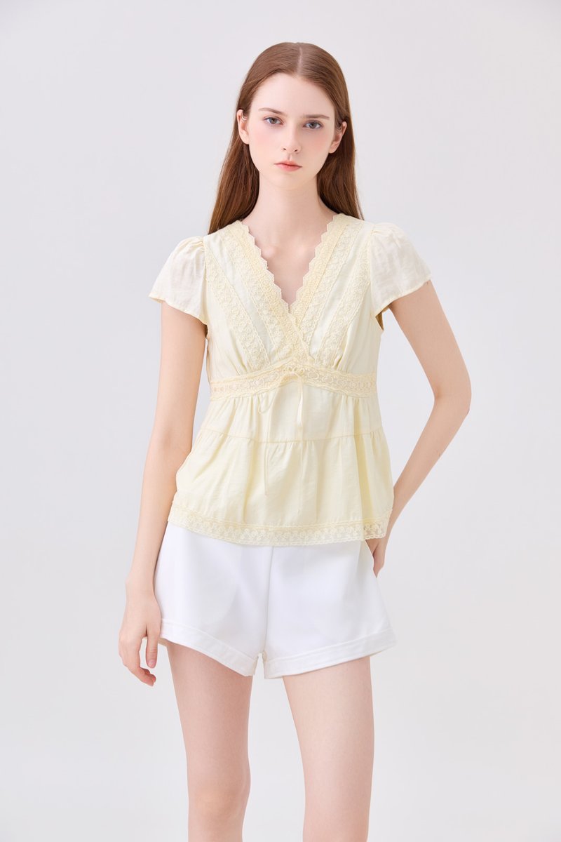 Malia Embroidery Lace Ribbon Top In Butter Yellow
