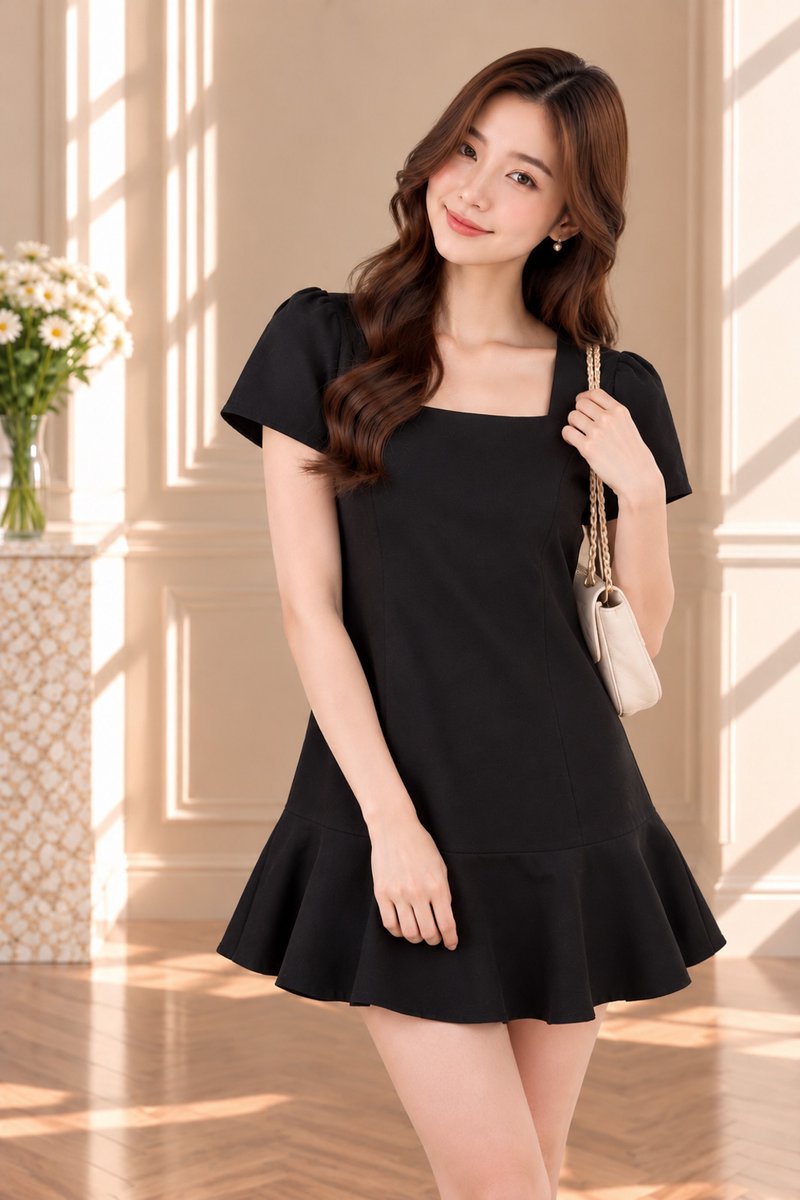 Nerine Square Neck Dropwaist Dress In Black