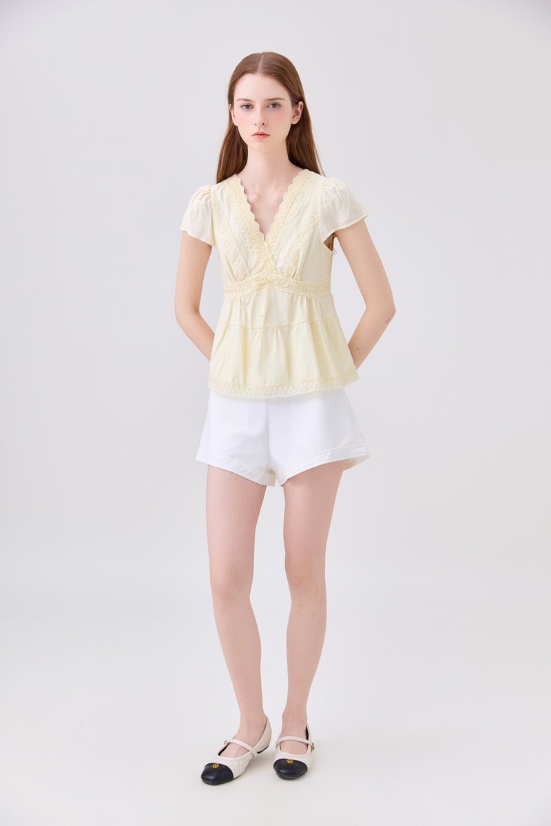 Malia Embroidery Lace Ribbon Top In Butter Yellow