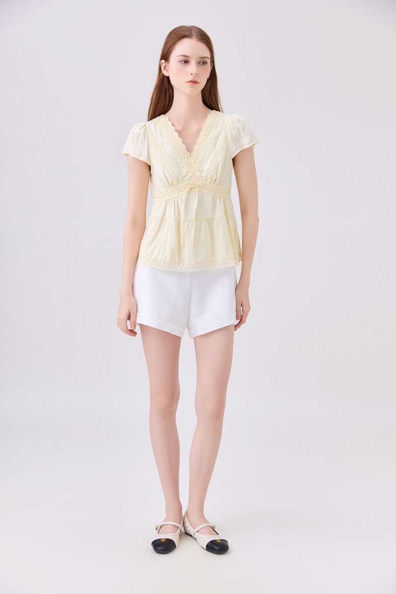 Malia Embroidery Lace Ribbon Top In Butter Yellow