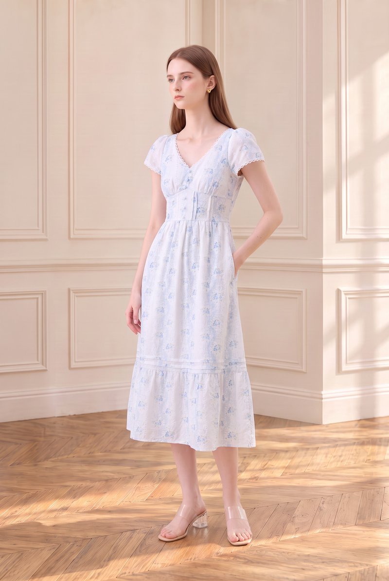 Florentine Floral Empire Waist Pintuck Midi Dress