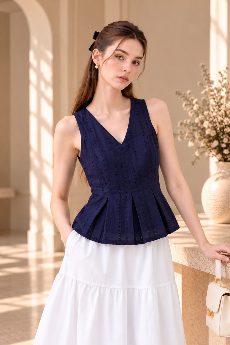 Leonette Eyelet Pleated Top In Navy