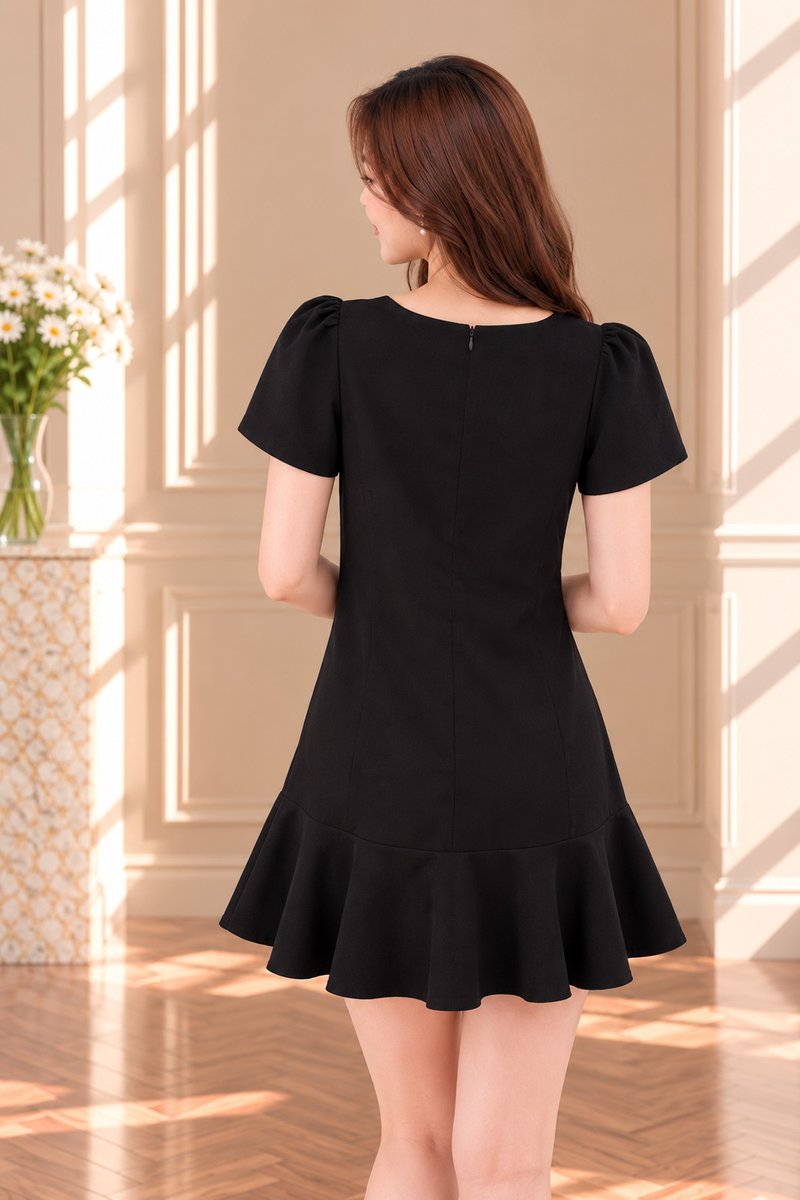 Nerine Square Neck Dropwaist Dress In Black