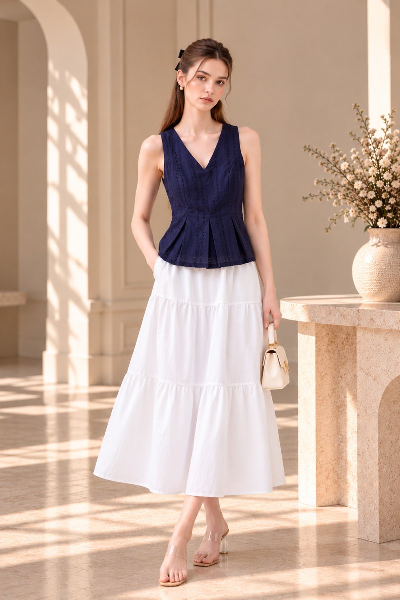 Leonette Eyelet Pleated Top In Navy