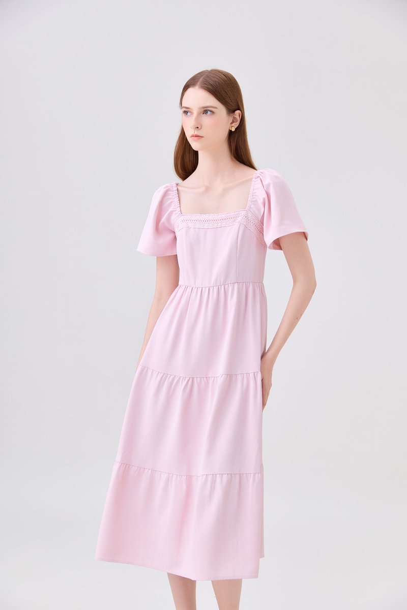 Opaline Crochet Tier Midi Dress In Pink