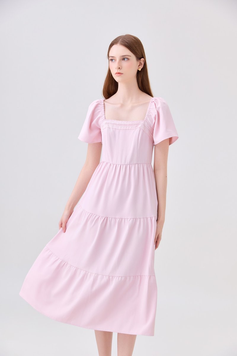 Opaline Crochet Tier Midi Dress In Pink