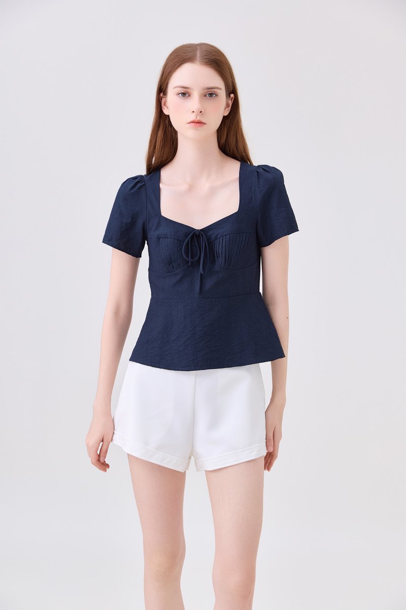 Mariana Pintuck Ribbon Top In Navy