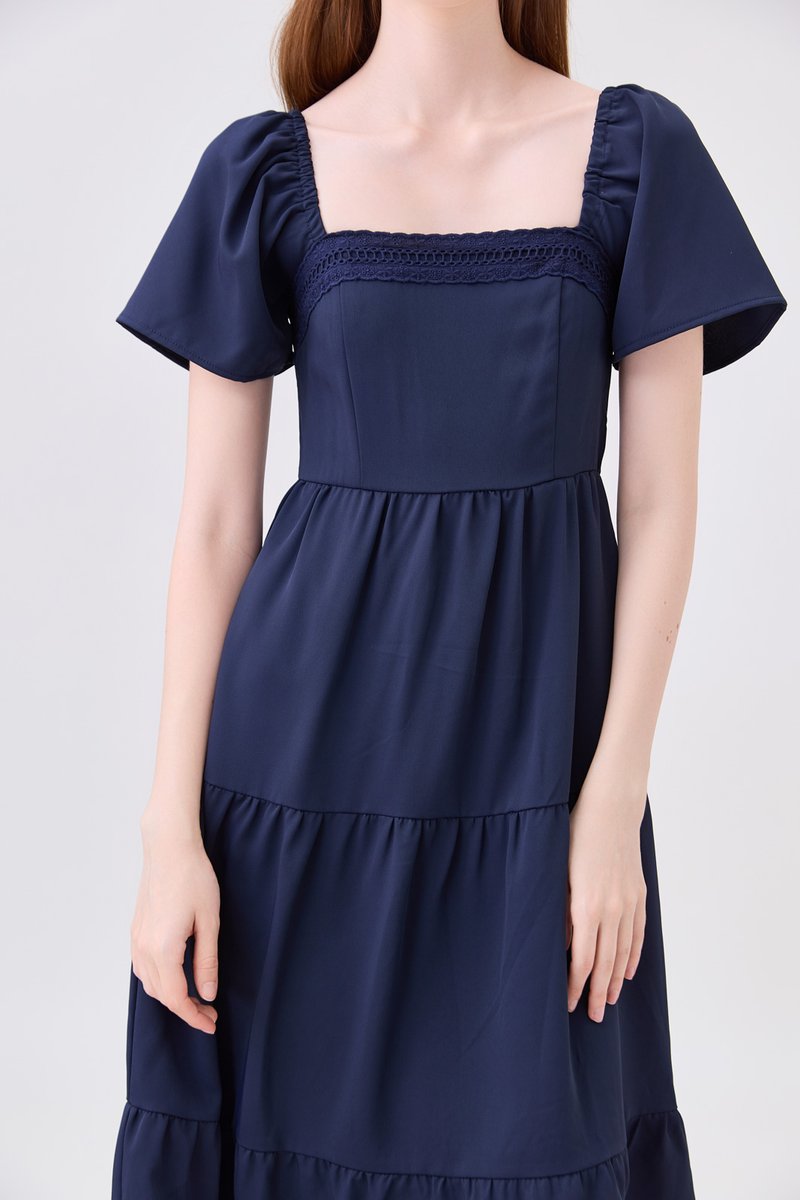 Opaline Crochet Tier Midi Dress In Navy