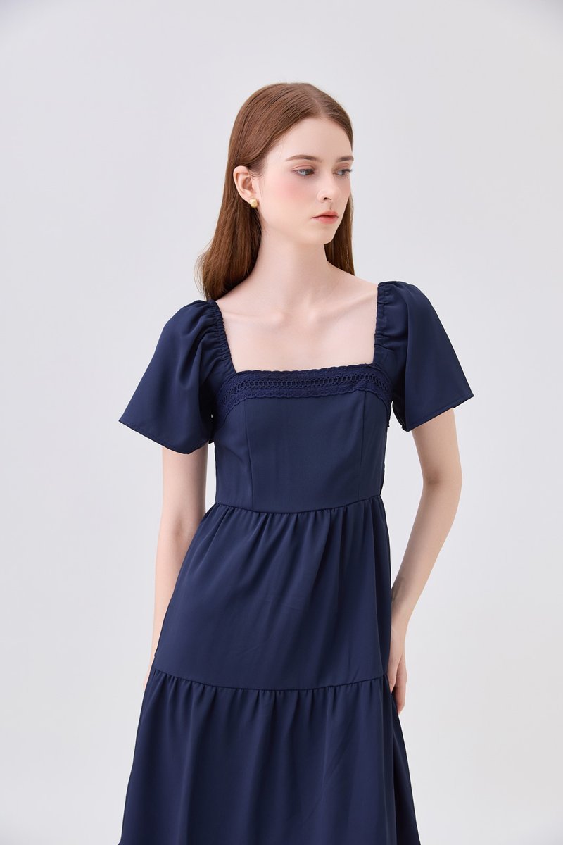 Opaline Crochet Tier Midi Dress In Navy
