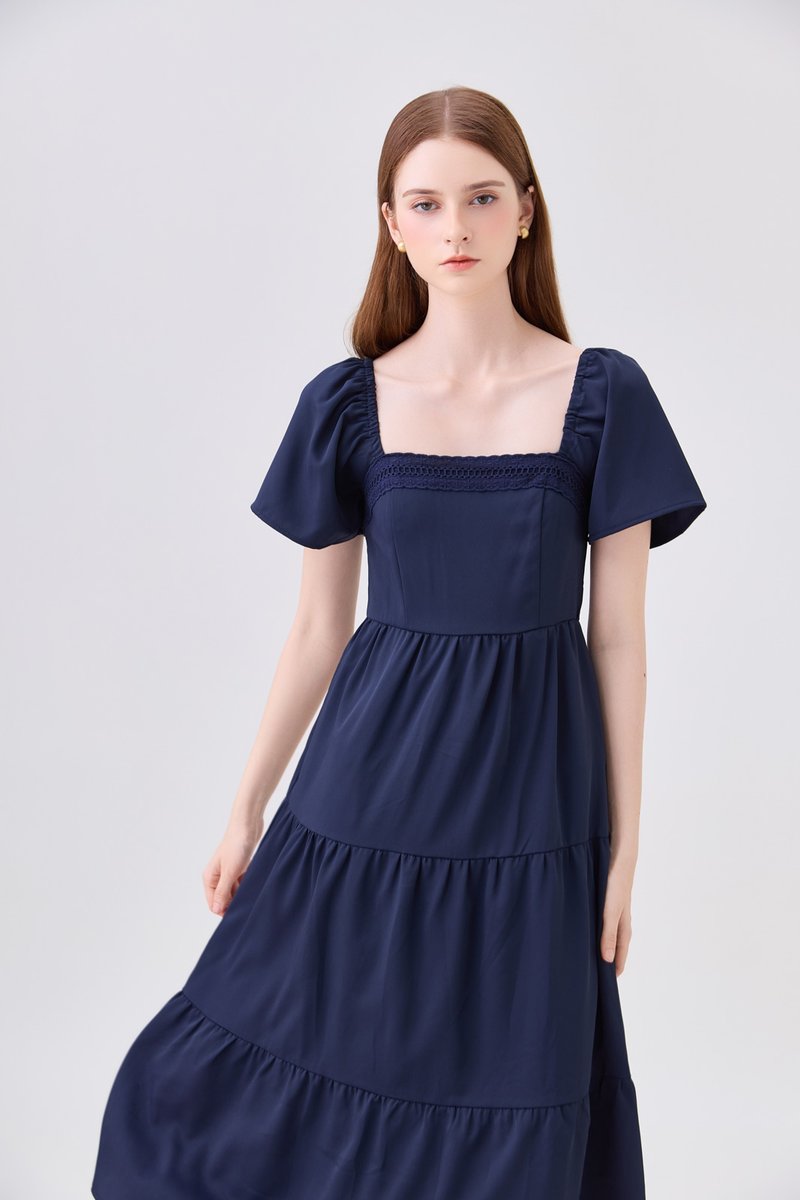 Opaline Crochet Tier Midi Dress In Navy
