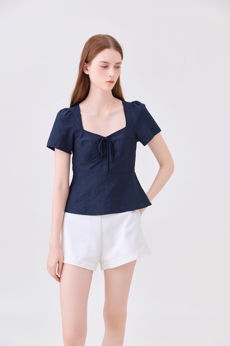 Mariana Pintuck Ribbon Top In Navy