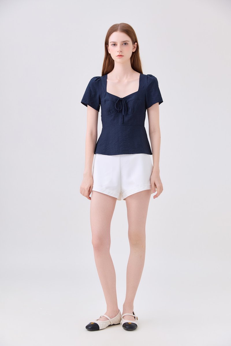 Mariana Pintuck Ribbon Top In Navy