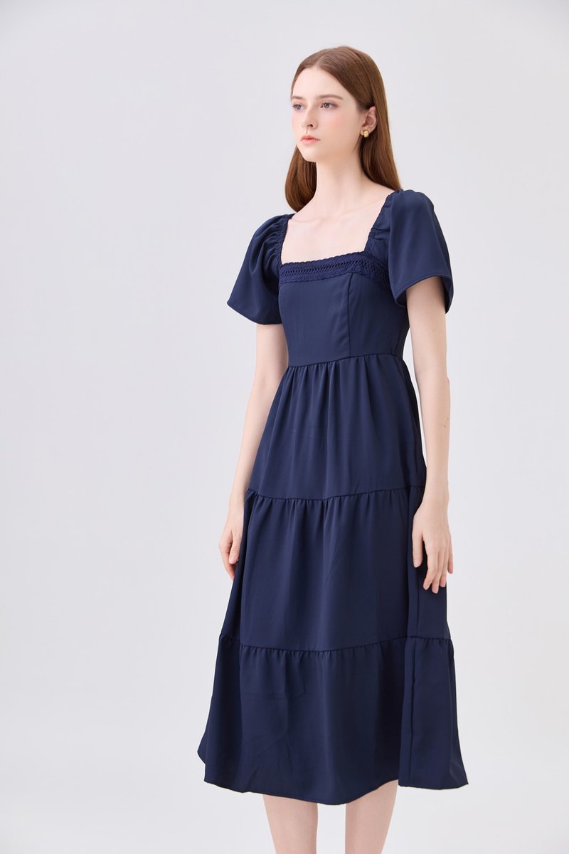 Opaline Crochet Tier Midi Dress In Navy