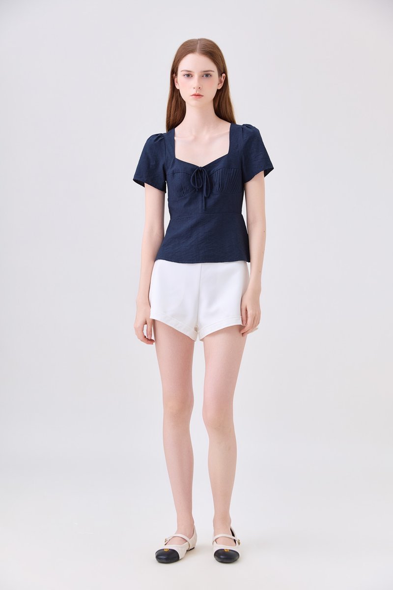 Mariana Pintuck Ribbon Top In Navy