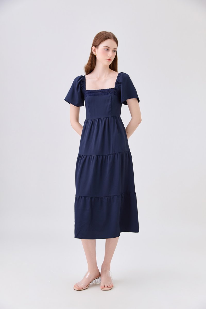 Opaline Crochet Tier Midi Dress In Navy
