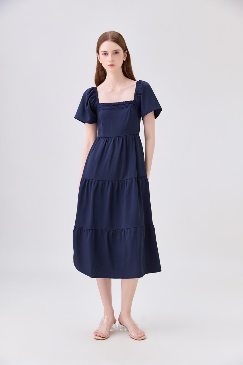 Opaline Crochet Tier Midi Dress In Navy