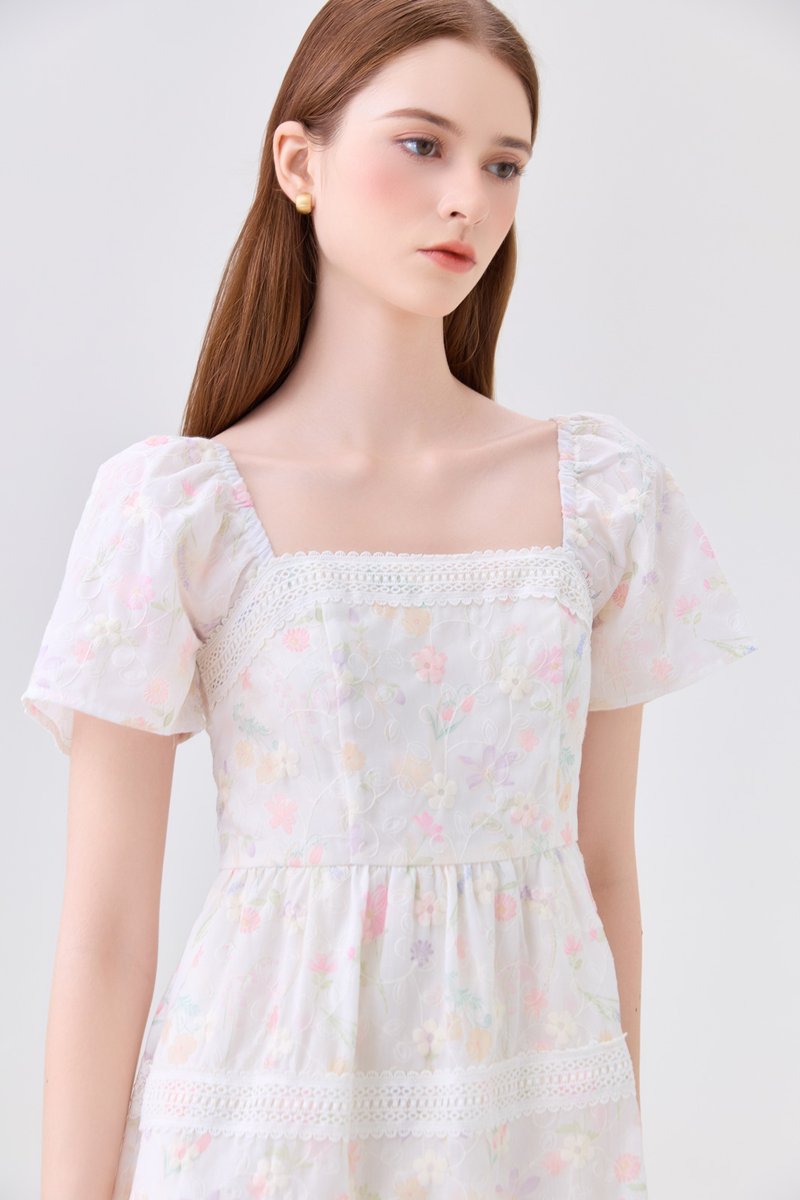 Geogrette Embroidery Tiered Dress In Soft Pink
