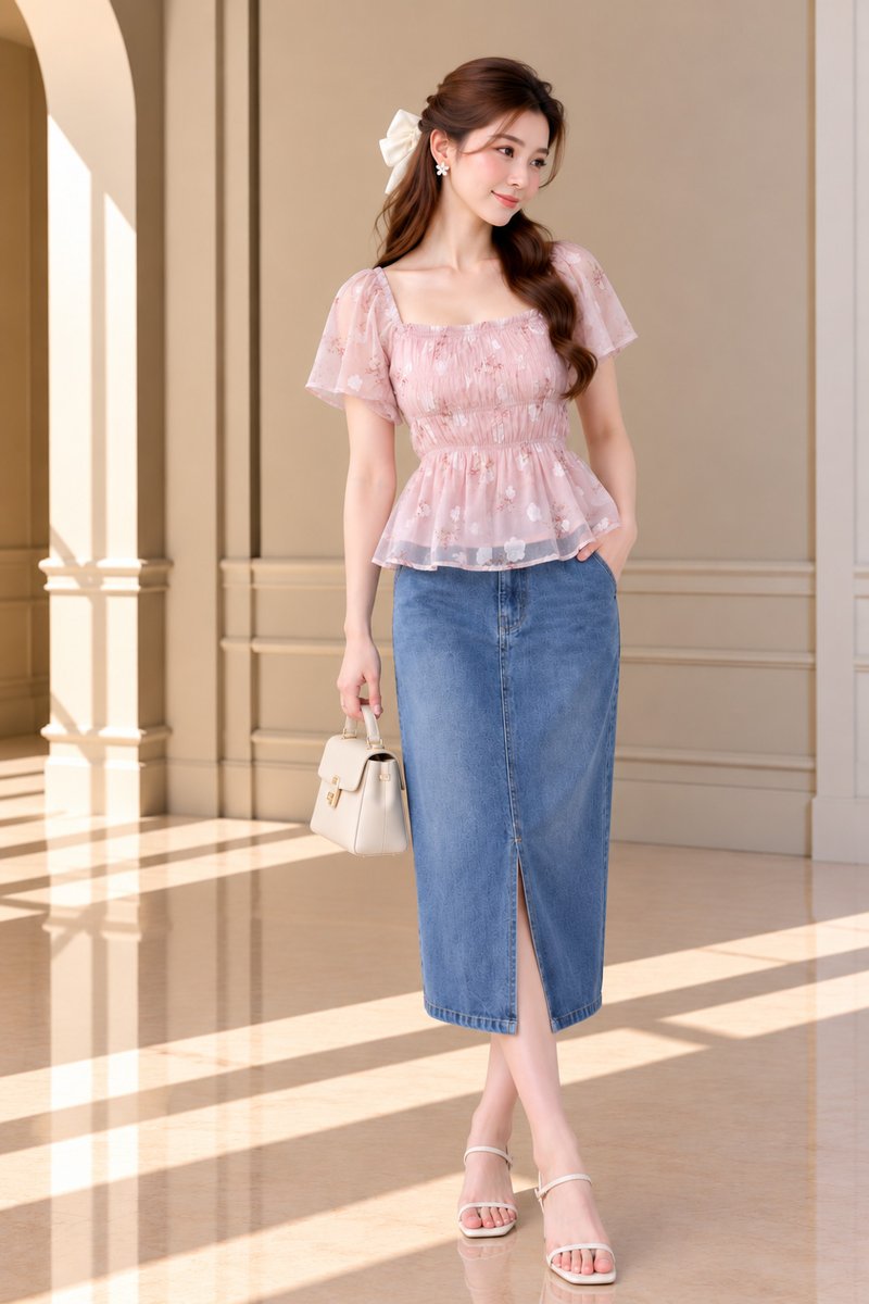 Maelle Floral Smocked Flutter Sleeve Top In Blush Pink