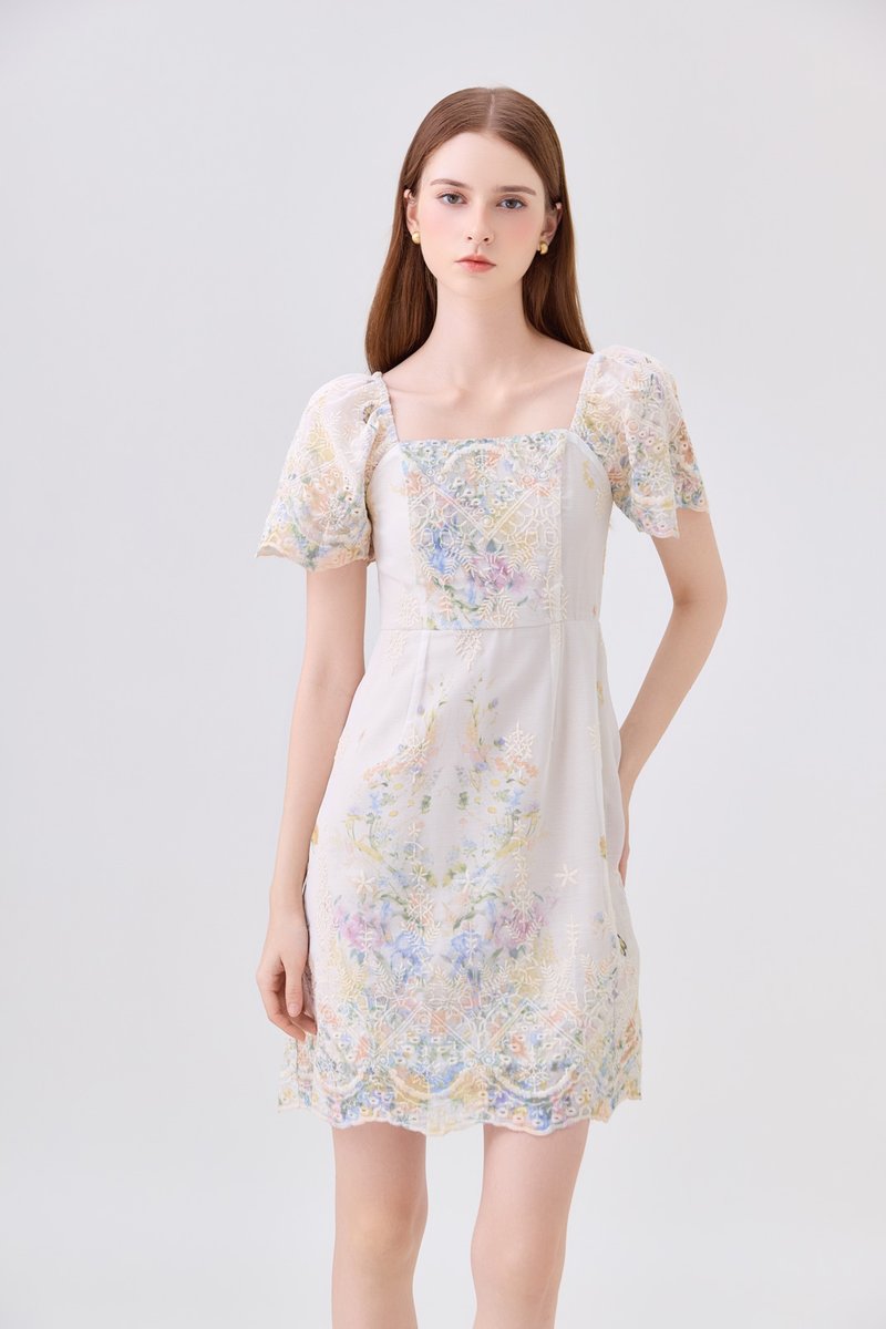 Mystique Fleur Embroidered Dress in Sand