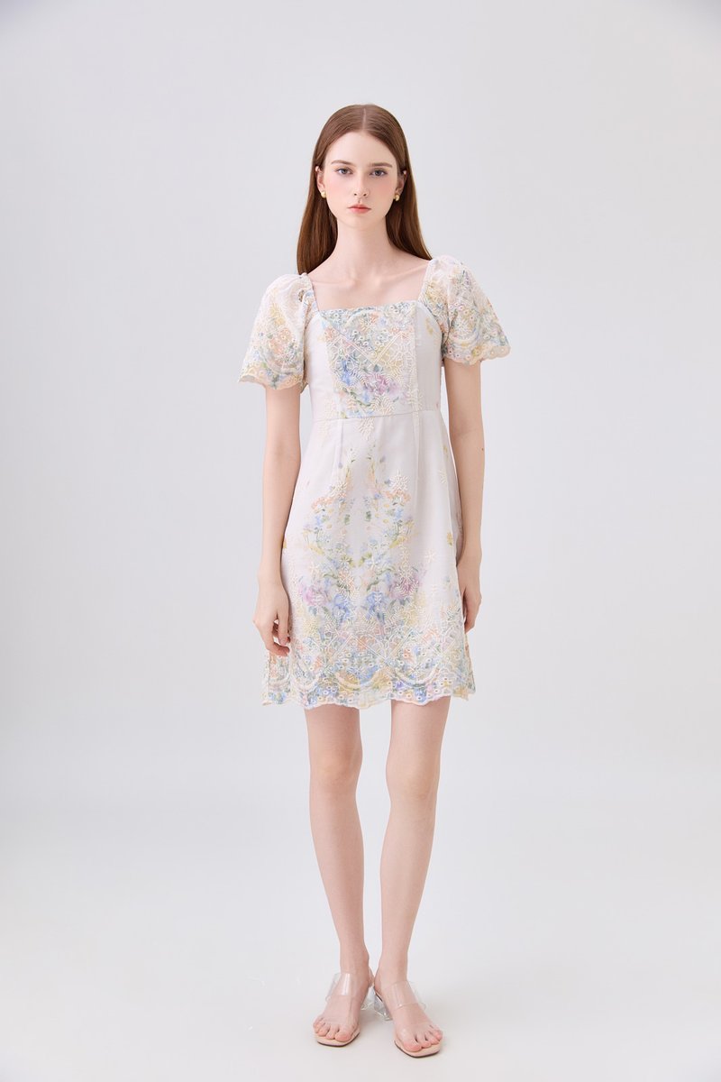 Mystique Fleur Embroidered Dress in Sand