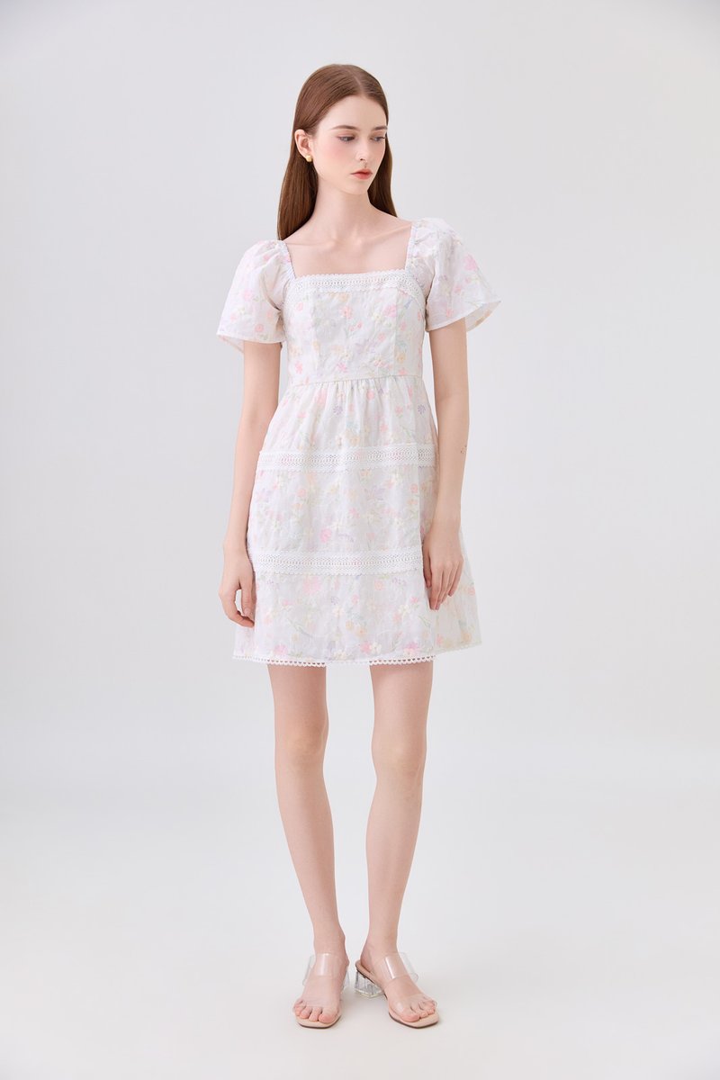 Geogrette Embroidery Tiered Dress In Soft Pink
