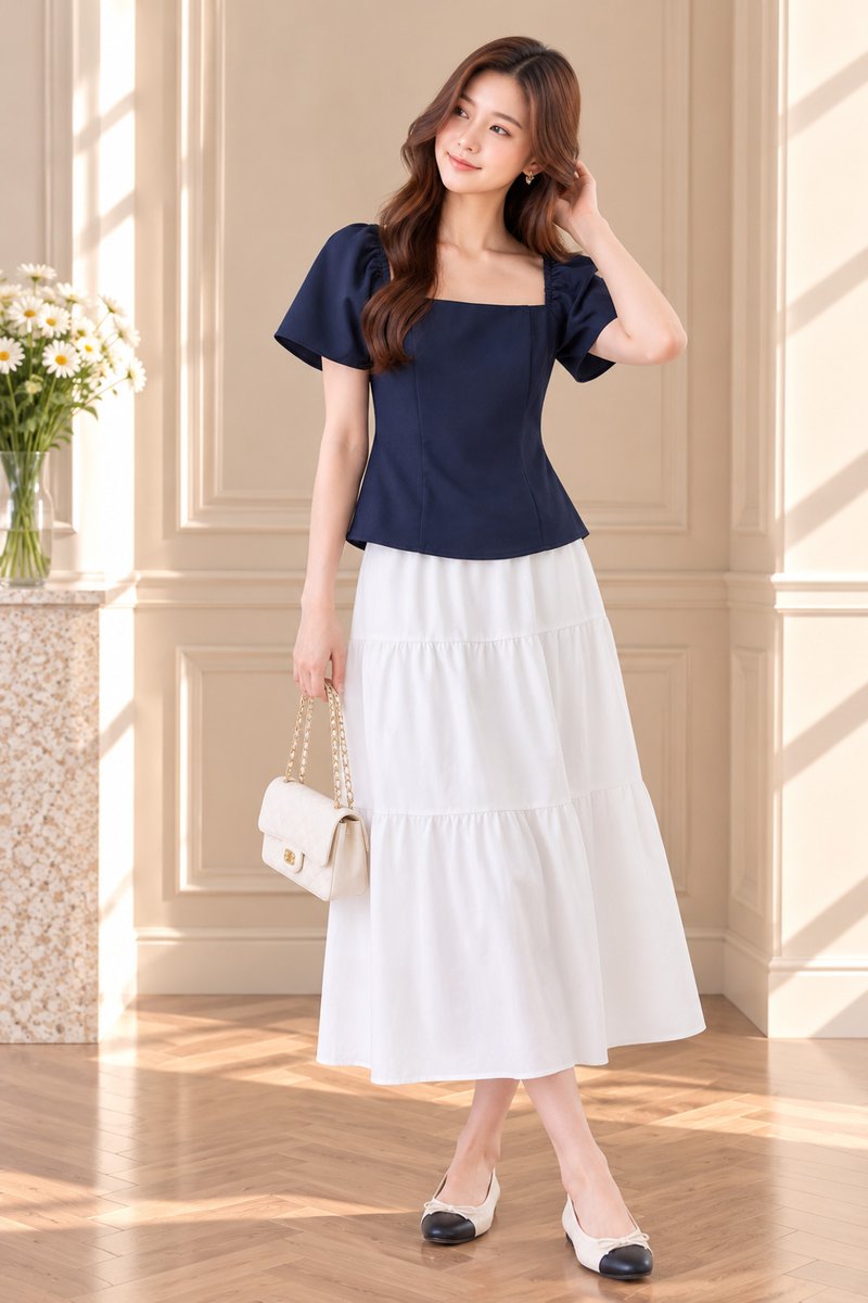 Adaline Panelled Staple Top In Navy