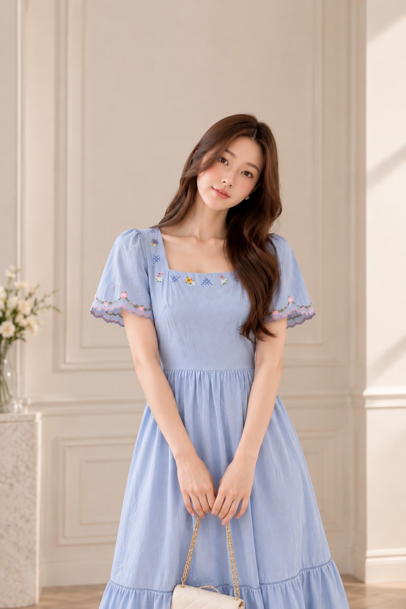 Pure Bliss Cross Stitch Embroidery Midi Dress In Blue