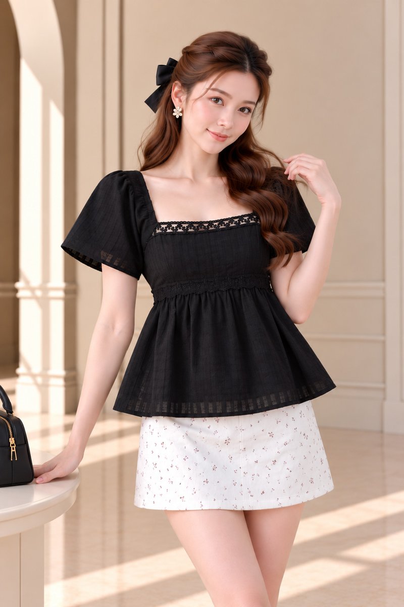 Delara Textured Lace Top In Black