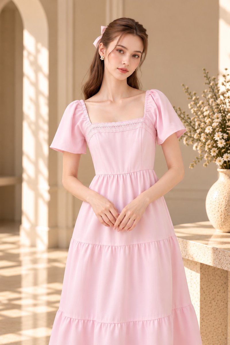 Opaline Crochet Tier Midi Dress In Pink
