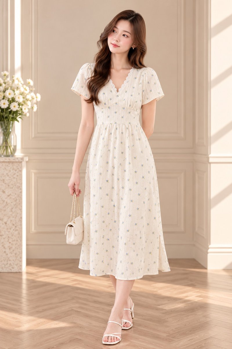 Jream Empire Waist Midi Dress In Cream