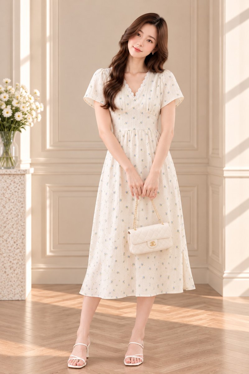 Jream Empire Waist Midi Dress In Cream
