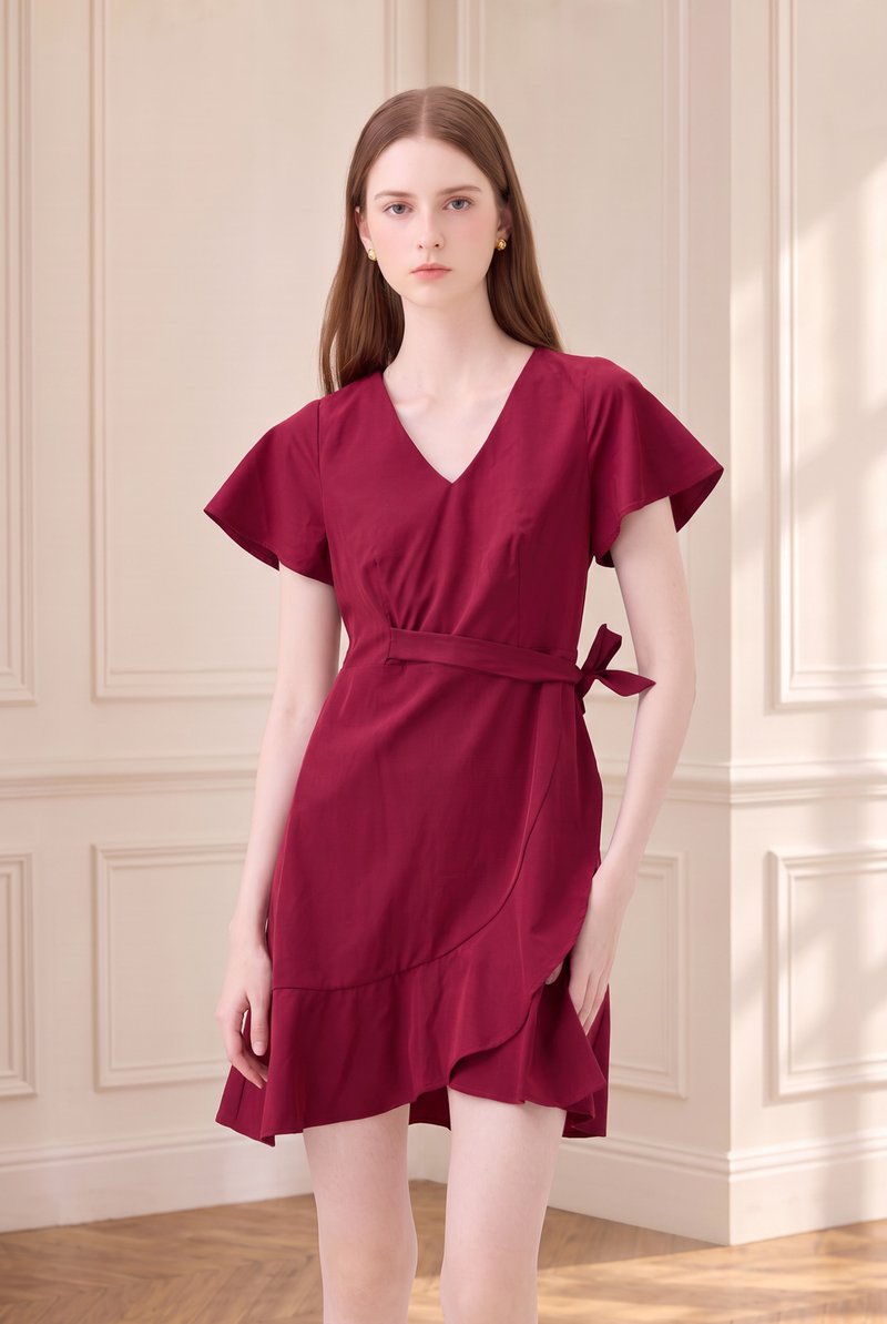 Elaria Ruffle Ribbon Dress In Red