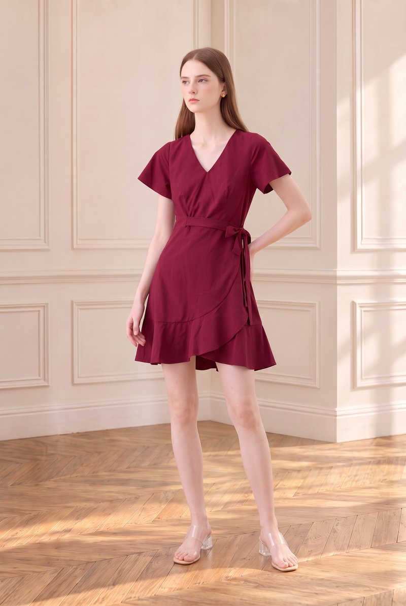 Elaria Ruffle Ribbon Dress In Red
