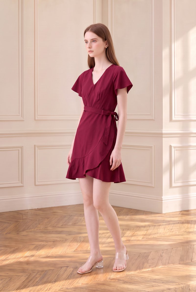 Elaria Ruffle Ribbon Dress In Red