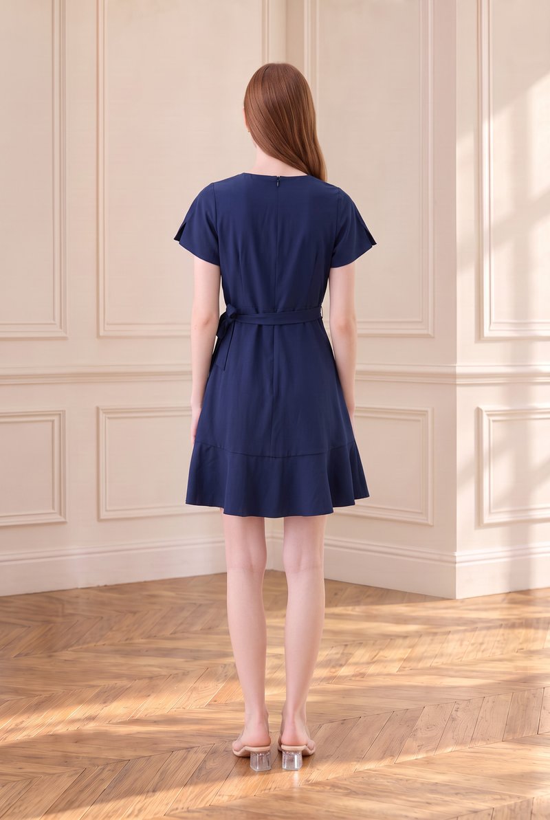 Elaria Ruffle Ribbon Dress In Navy