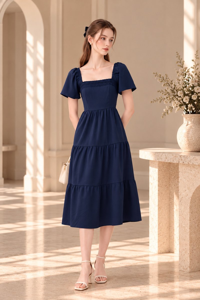 Opaline Crochet Tier Midi Dress In Navy