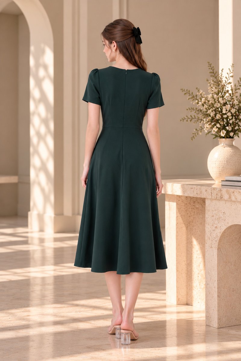 Destiny Button Cotton Midi Dress In Forest