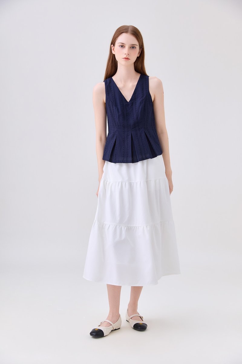 Leonette Eyelet Pleated Top In Navy