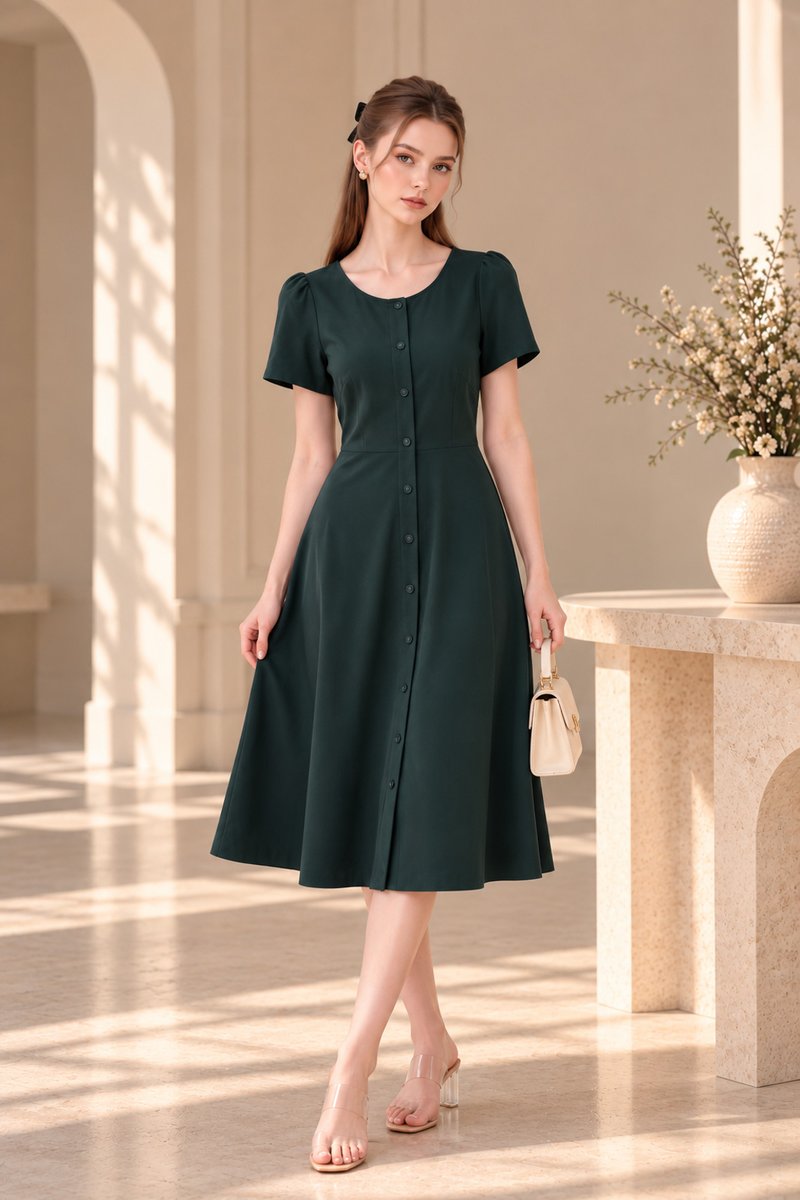 Destiny Button Cotton Midi Dress In Forest