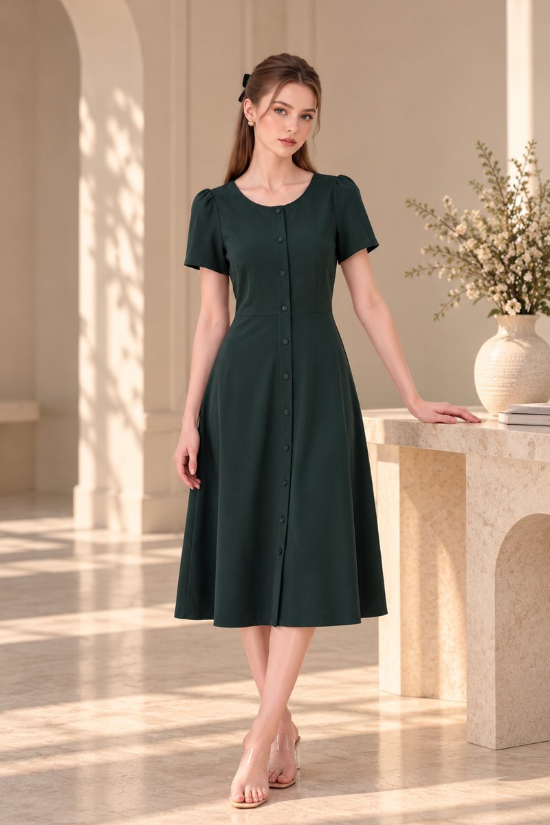 Destiny Button Cotton Midi Dress In Forest