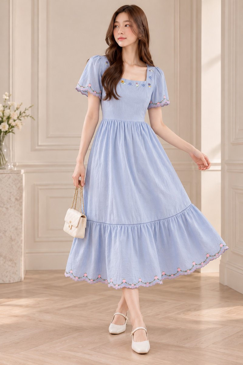 Pure Bliss Cross Stitch Embroidery Midi Dress In Blue