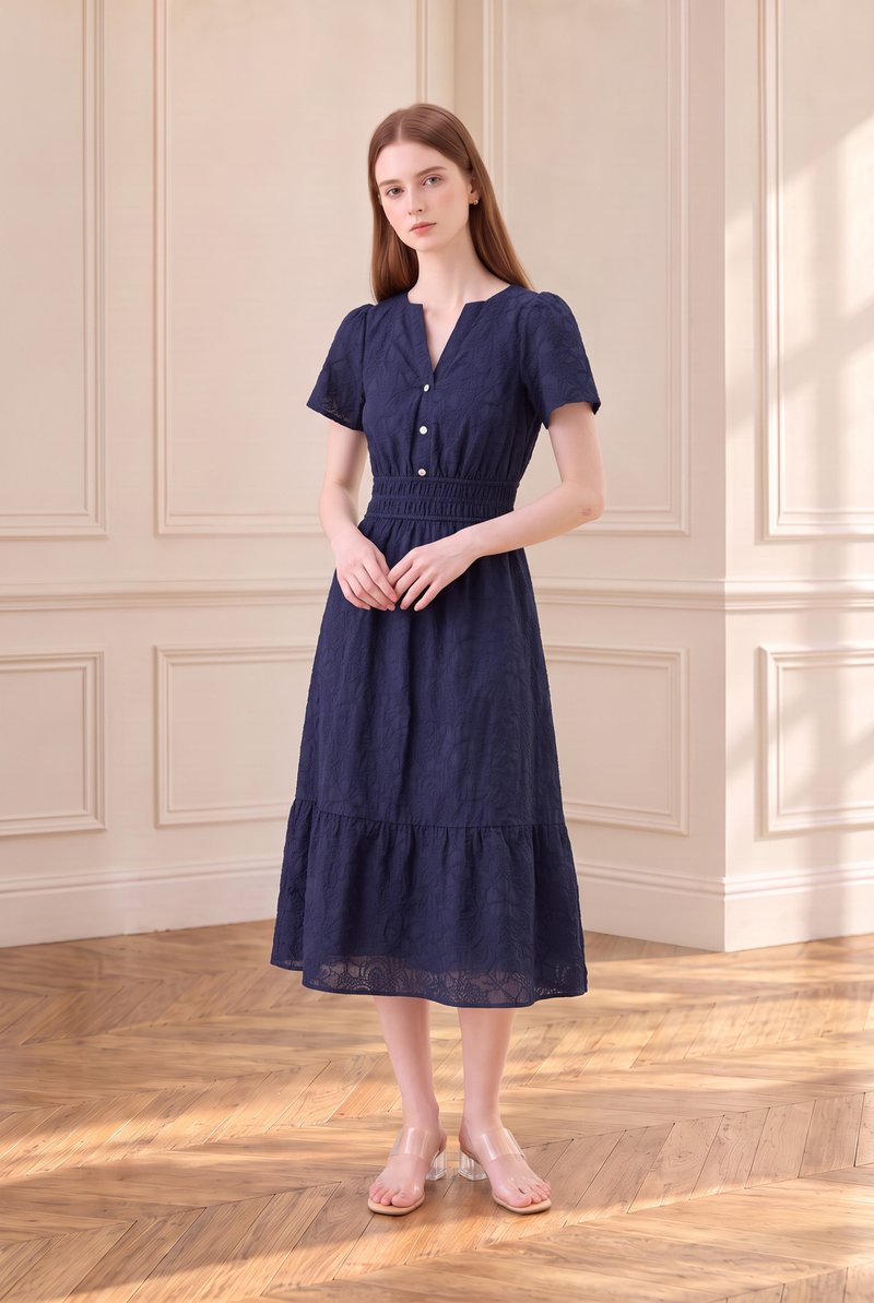 Violetta Embroidered Midi Dress In Navy
