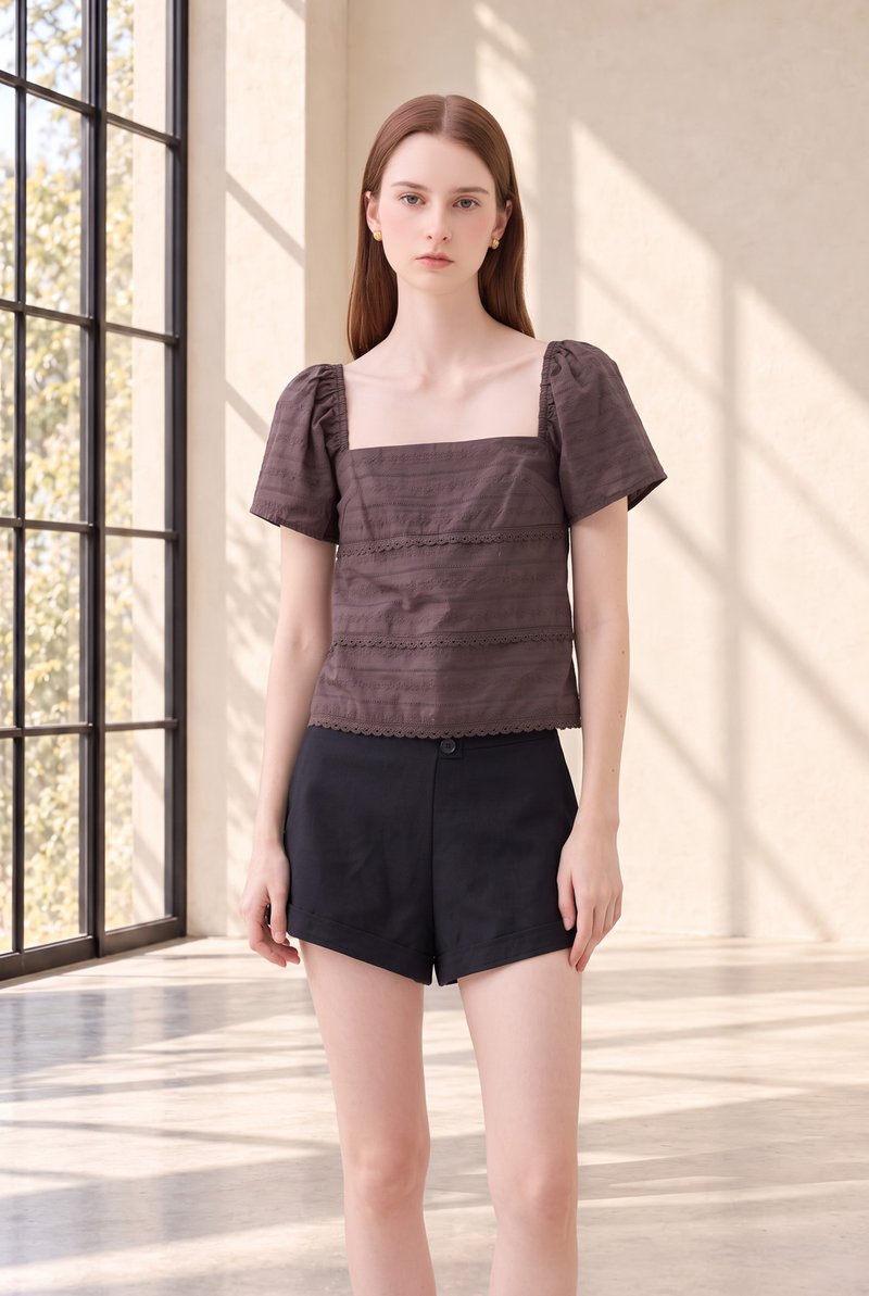 Olivara Embroidery Crochet Top In Espresso