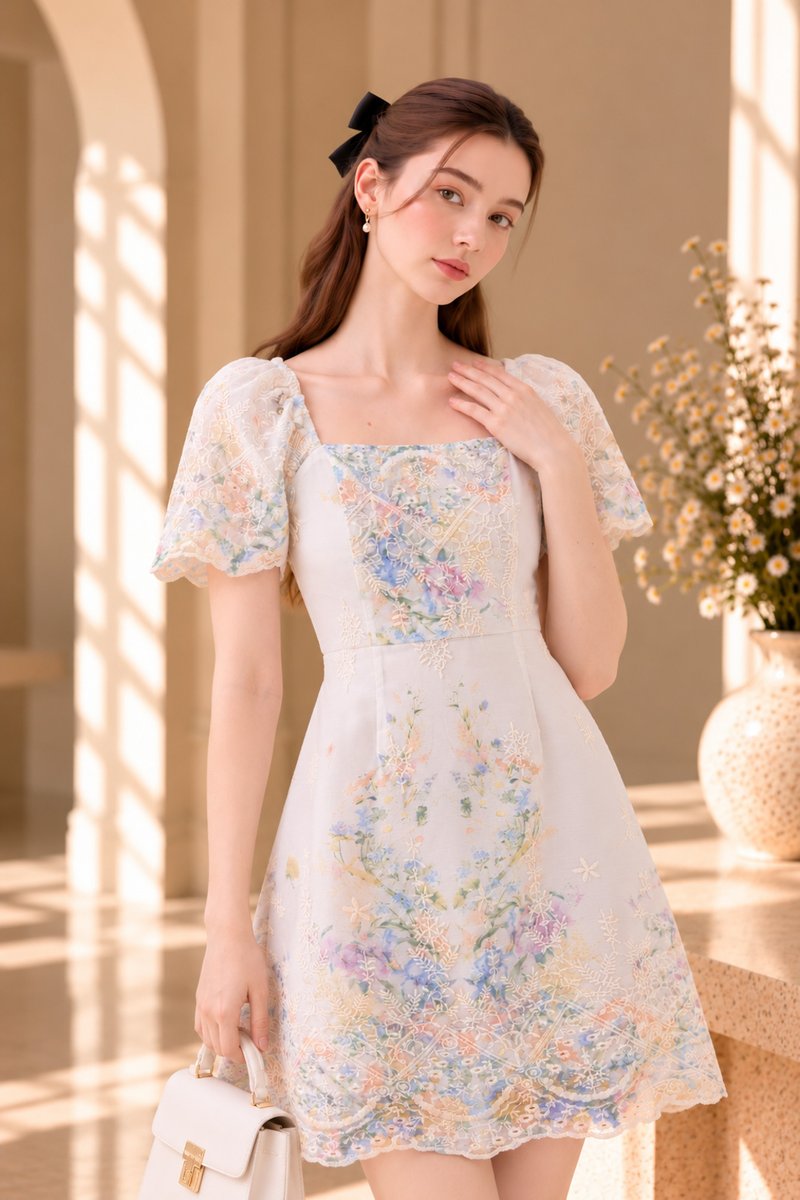 Mystique Fleur Embroidered Dress in Sand
