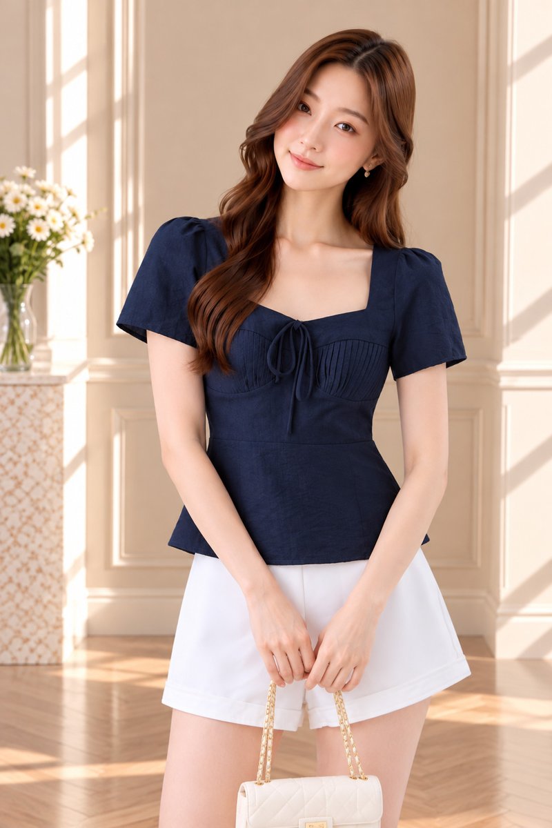 Mariana Pintuck Ribbon Top In Navy