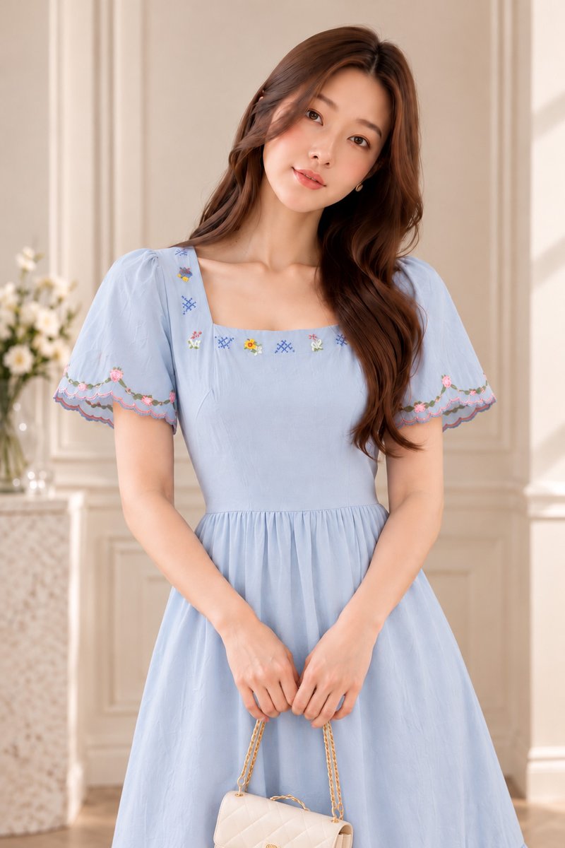Pure Bliss Cross Stitch Embroidery Midi Dress In Blue
