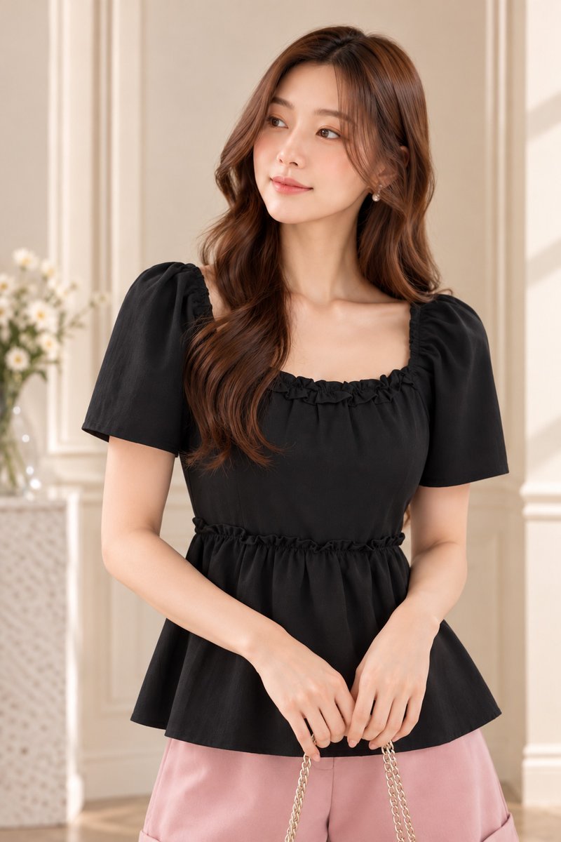 Anaya Ruffles Babydoll Top In Black